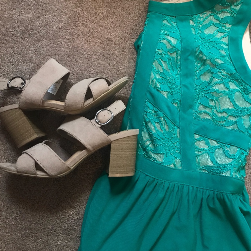 Lacey cream and turquoise knee length dress